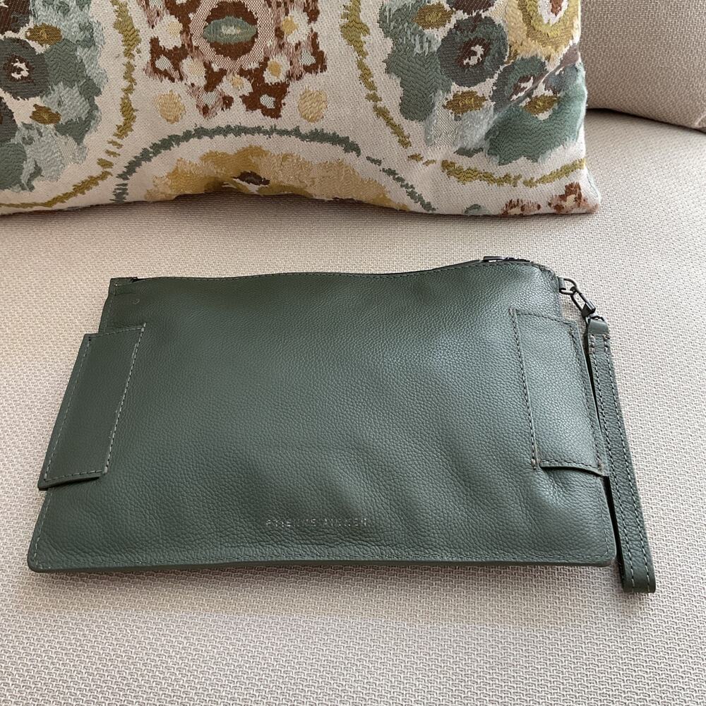 Etienne Aigner Leather Wristlet Clutch Sage Green Zip Pouch 11x 8 Madison Style - Picture 4 of 9